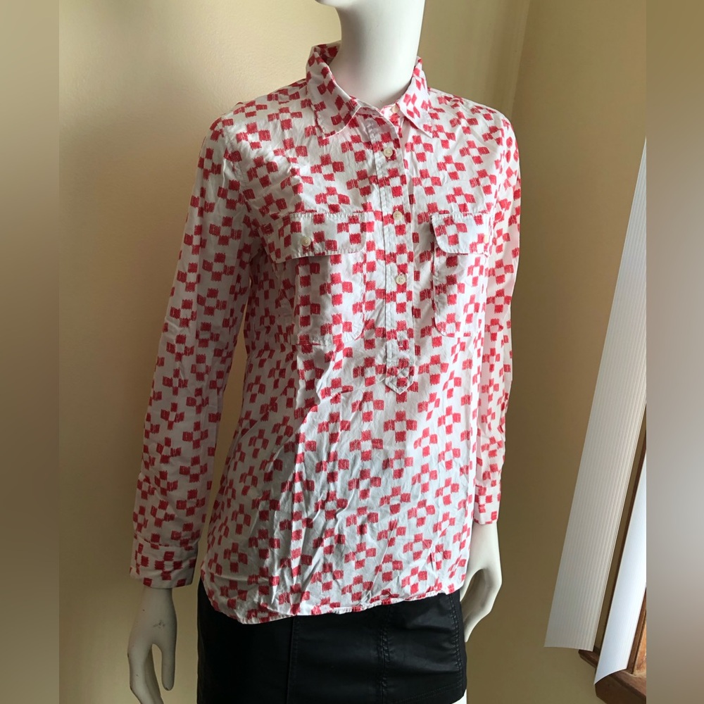 Madewell Red White Button Down Popover Long Sleeve Shirt 100% Cotton Size S